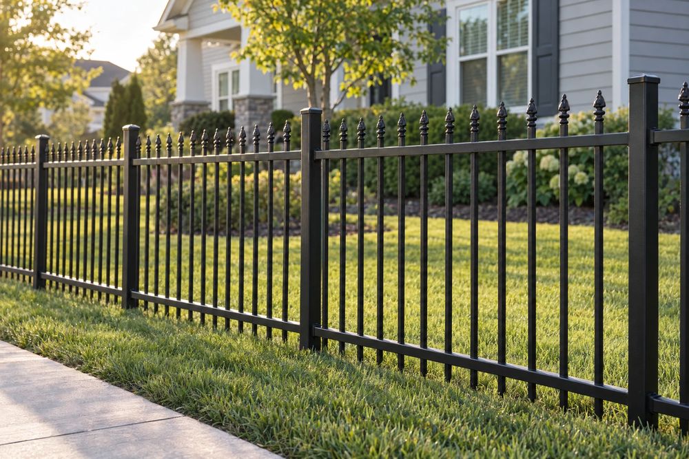 Black ornamental steel fence with decorative picket tops standing along a front lawn