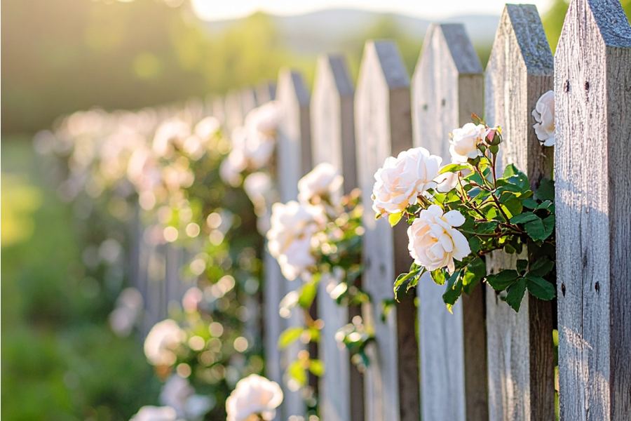 White vinyl picket fence with flowering white shrubs along its base